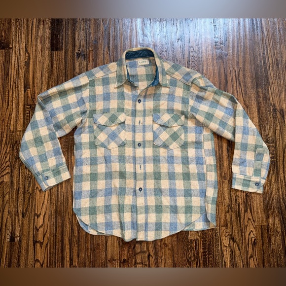 Vintage L.L. Bean Flannel Shirt Tan/Blue Plaid Sz Large 100% Virgin Wool - Picture 1 of 5
